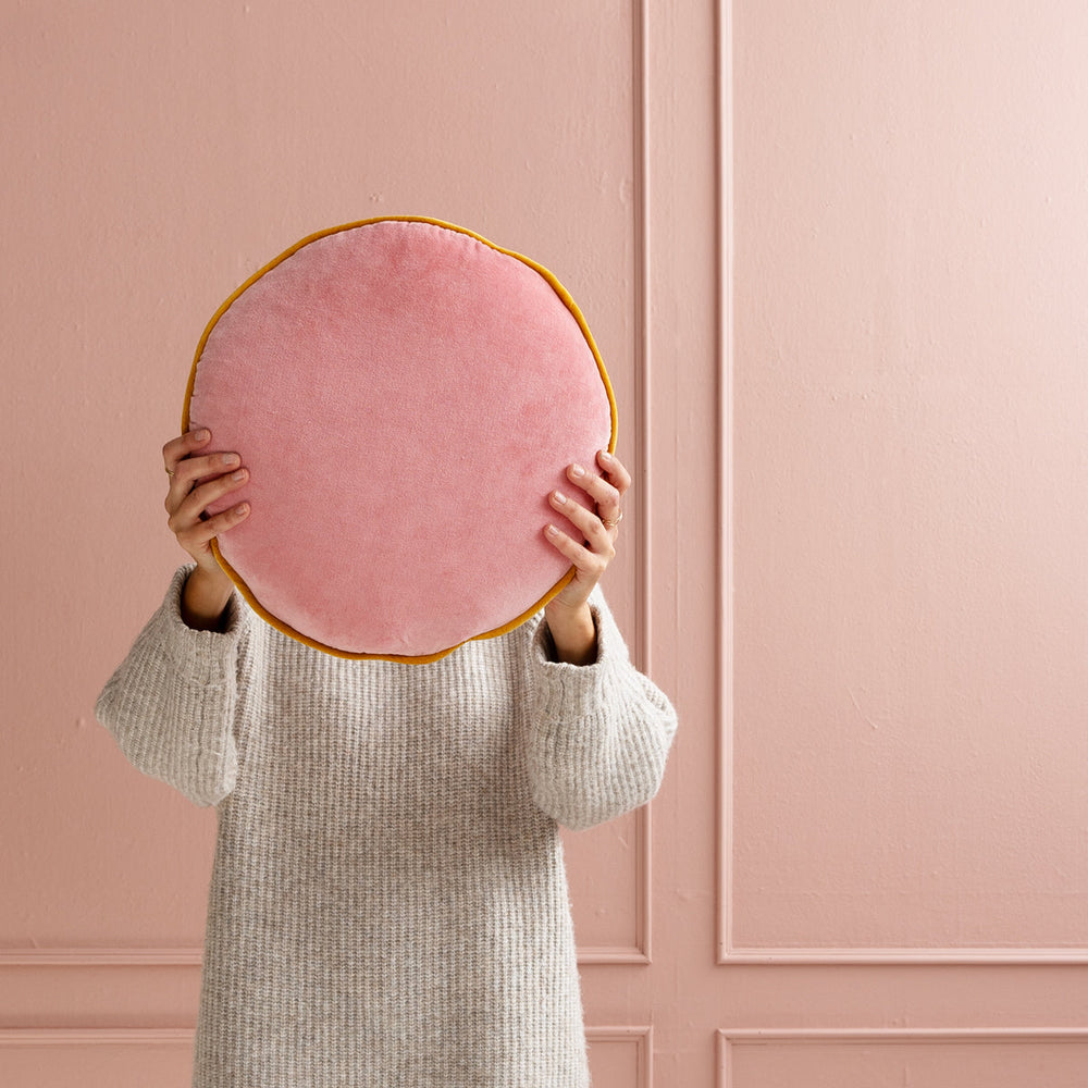 Velvet Round Cushion - Baby Pink Trim