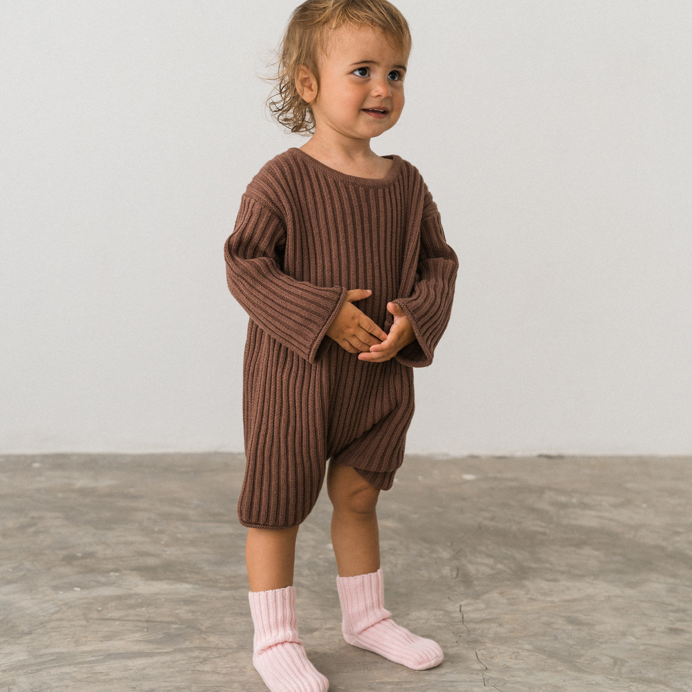 Essential Knit LS Romper - Cocoa