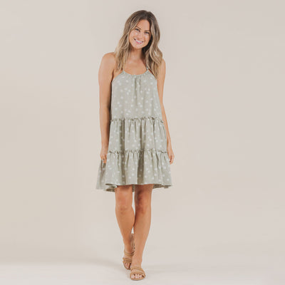 Women's Tiered Jersey Dress - Daisy Confetti - Sage